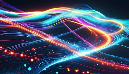 Wall Mural - Ethereal futuristic light trails swirling in a cosmic dance, shimmering dots creating an abstract wave in a vibrant sci-fi cyberspace ambiance