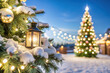 © Dinara - Winter wonderland with decorated Christmas tree and lantern glowing in the snowy landscape at dusk during festive celebrations. Generative AI