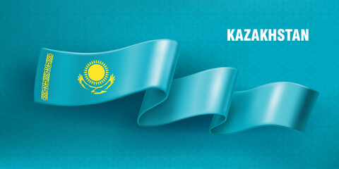 Wall Mural - Waved silk ribbon on a blue background with a traditional kazakh ornament. The sun and the eagle are the symbol of Kazakhstan. Background for greeting card of national holidays in Kazakhstan