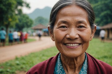 Wall Mural - Close portrait of a smiling senior Lao woman looking at the camera, Lao outdoors blurred background