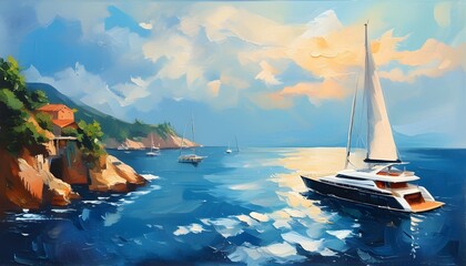 Sticker - serene oil paint seascape featuring a majestic yacht gliding through tranquil waters