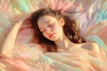 Wall Mural - A serene portrait of a young woman resting on soft, colorful fabric, evoking tranquility and beauty.