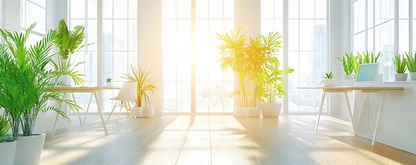 Bright and airy office space with large windows and plants