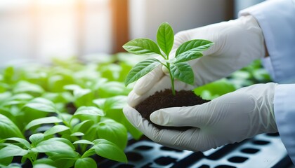 Wall Mural - Nurturing Young Plant with Biologists Gloved Hand Symbolizing Biotechnology and Care