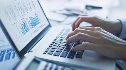 Aufkleber - A close-up of hands typing on a laptop with financial data displayed on the screen, surrounded by documents and a calculator, capturing the essence of daily financial tasks.