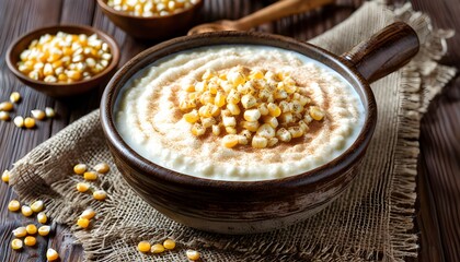 Rustic bowl of creamy hominy with milk, adorned with cinnamon and whole white corn kernels