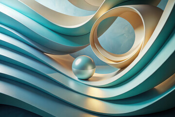 A futuristic composition showcasing smooth teal and gold curves, a floating sphere, and serene abstract design elements. Generative AI