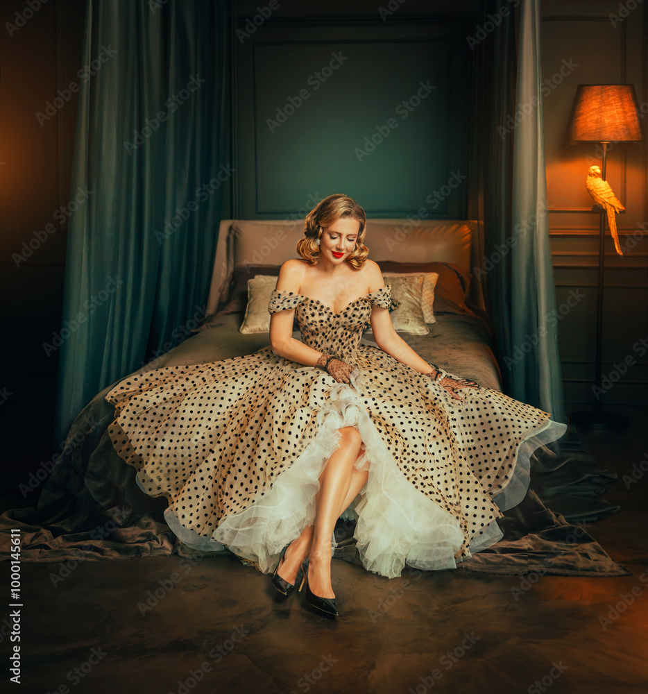 retro lady queen beauty face woman pinup posing sitting on bed in ...