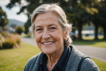 close portrait of a smiling senior new zealander woman looking at the camera, new zealander outdoors