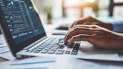 Poster - A close-up of hands typing on a laptop with financial data displayed on the screen, surrounded by documents and a calculator, capturing the essence of daily financial tasks.