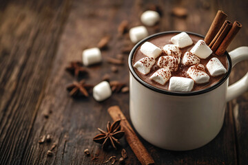 Hot chocolate with marshmallows and cinnamon. Warm cozy background. Winter and holiday time. Generative AI