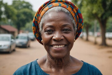 Wall Mural - Close portrait of a smiling senior Nigerian woman looking at the camera, Nigerian outdoors blurred background