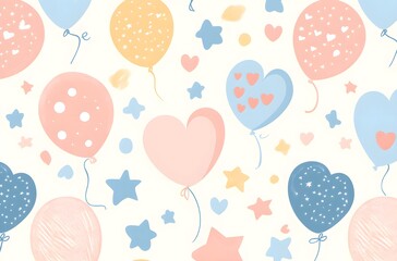 Wall Mural - Cute Pastel Balloons with Stars and Hearts Pattern