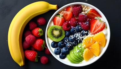 Wall Mural - Vibrant fruit and yogurt bowl featuring bananas, strawberries, blueberries, oranges, kiwis, raspberries, avocado, and peach