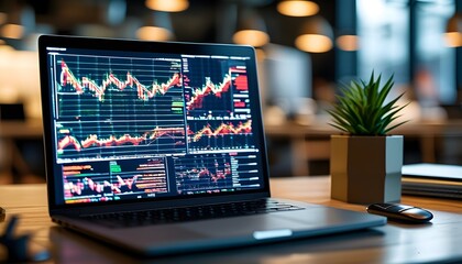 Dynamic financial stock market analysis on a laptop featuring graphs and charts in a sleek modern office environment