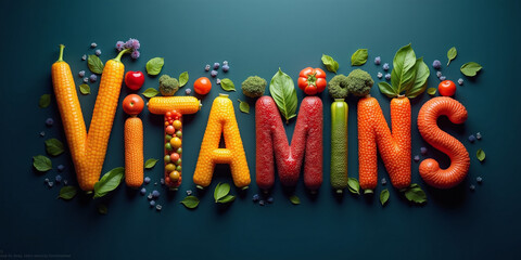 Illustrative representation of the word vitamins formed from different fruits and vegetables, adequate intake of vitamins for stable health