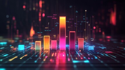 Leinwandbilder - A colorful 3D bar graph rising on a grid background, with glowing bars representing data growth, and labels indicating different statistics.