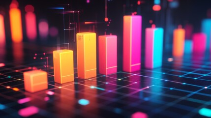 Poster - A colorful 3D bar graph rising on a grid background, with glowing bars representing data growth, and labels indicating different statistics.