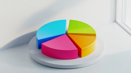 Leinwandbilder - A colorful 3D pie chart with vibrant segments floating slightly above a white surface, each slice labeled clearly to represent different data categories.