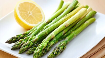 Vibrant Green Asparagus and Fresh Lemon on Rustic Table