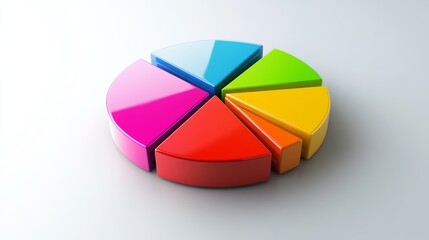 Leinwandbilder - A colorful 3D pie chart with vibrant segments floating slightly above a white surface, each slice labeled clearly to represent different data categories.
