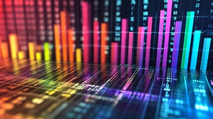 Poster - A colorful financial bar graph with rising bars, symbolizing stock market growth, set against a digital financial dashboard with numbers and percentages in the background.