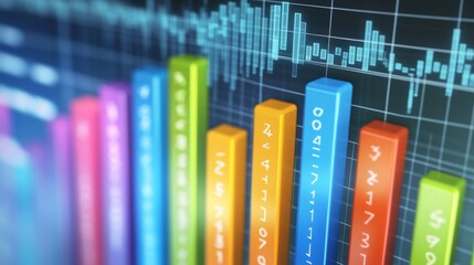 Poster - A colorful financial bar graph with rising bars, symbolizing stock market growth, set against a digital financial dashboard with numbers and percentages in the background.