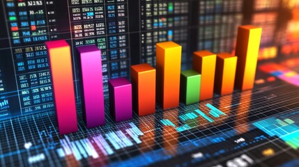 Poster - A colorful financial bar graph with rising bars, symbolizing stock market growth, set against a digital financial dashboard with numbers and percentages in the background.