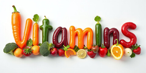 Illustrative representation of the word vitamins formed from different fruits and vegetables, adequate intake of vitamins for stable health