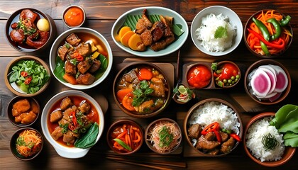 Wall Mural - Vibrant display of colorful Asian dishes featuring meats, vegetables, rice, and garnishes on a rustic wooden table