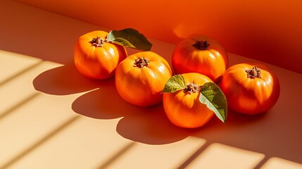 Sticker - Five ripe orange fruits with leaves arranged on a peach colored surface with light streaming from above and creating shadows.