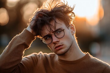 Wall Mural - A contemplative young man with tousled hair and glasses, standing outdoors during sunset.