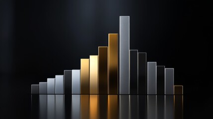 Poster - A corporate bar graph with silver and gold bars, representing financial performance, set against a dark background with subtle reflections and floating labels.