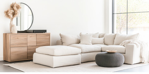 Poster - Modern living room featuring a stylish beige sectional sofa and wooden storage cabinet in a bright, airy space with large windows