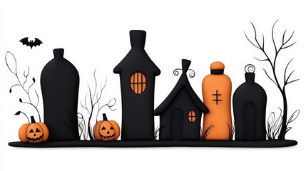 Wall Mural - Halloween decorations featuring spooky houses and pumpkins on a white background.