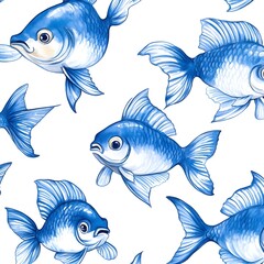 Wall Mural - Watercolor Blue Fish Seamless Pattern