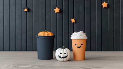 Wall Mural - Halloween themed cups and pumpkins on a wooden table with a stylish backdrop.