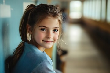 Wall Mural - A young girl smiles while sitting in a hallway, exuding warmth and innocence.