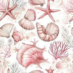 Wall Mural - Watercolor Seashells and Starfish Seamless Pattern