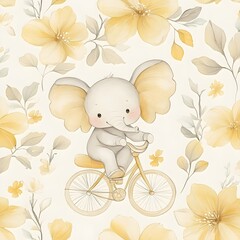 Sticker - Cute Elephant Riding a Bicycle in a Floral Setting