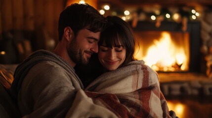 Couple sharing a cozy moment wrapped in a blanket by the fireplace