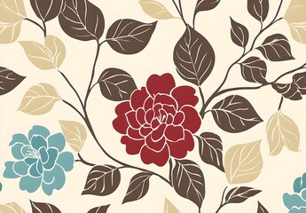 Wall Mural - Floral Pattern with Red and Blue Flowers