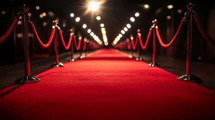 Red carpet with velvet ropes and spotlights.