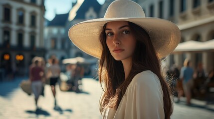 Poster - Elegant woman wearing a wide-brimmed hat in a European city square