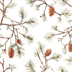 Wall Mural - Watercolor Pine Branches and Cones Seamless Pattern