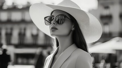 Poster - Elegant woman wearing a wide-brimmed hat in a European city square