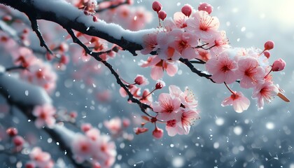 Wall Mural - Romantic snowfall amidst blooming cherry trees in a magical landscape