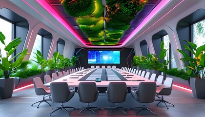 Wall Mural - Futuristic Conference Hall Featuring Hi-Tech Design and Lush Vibrant Plants