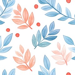 Wall Mural - Watercolor Floral Seamless Pattern With Blue and Pink Leaves