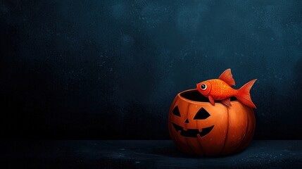 Wall Mural - A goldfish sitting in a Halloween pumpkin against a dark background.